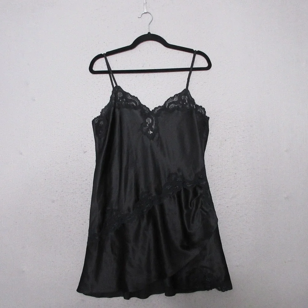 Vintage Victorias Secret Gold Label Slip Dress Black Lace Trim Y2K Mini Nightie